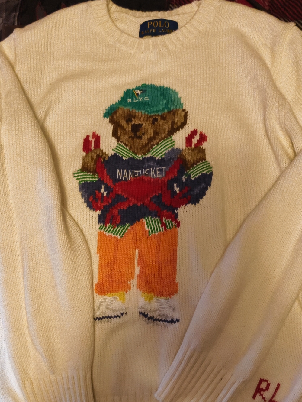 Polo by Ralph Lauren Cream Knit Sweater with Multicolor Bear Detail